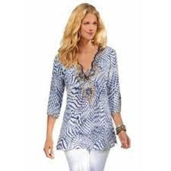 Soft Surroundings South Beach Tunic Beaded Lace Up Blue White Women Large - Picture 1 of 15